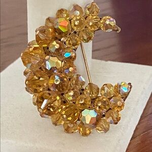 Vintage Golden Aurora Borealis Crystal Crescent Brooch